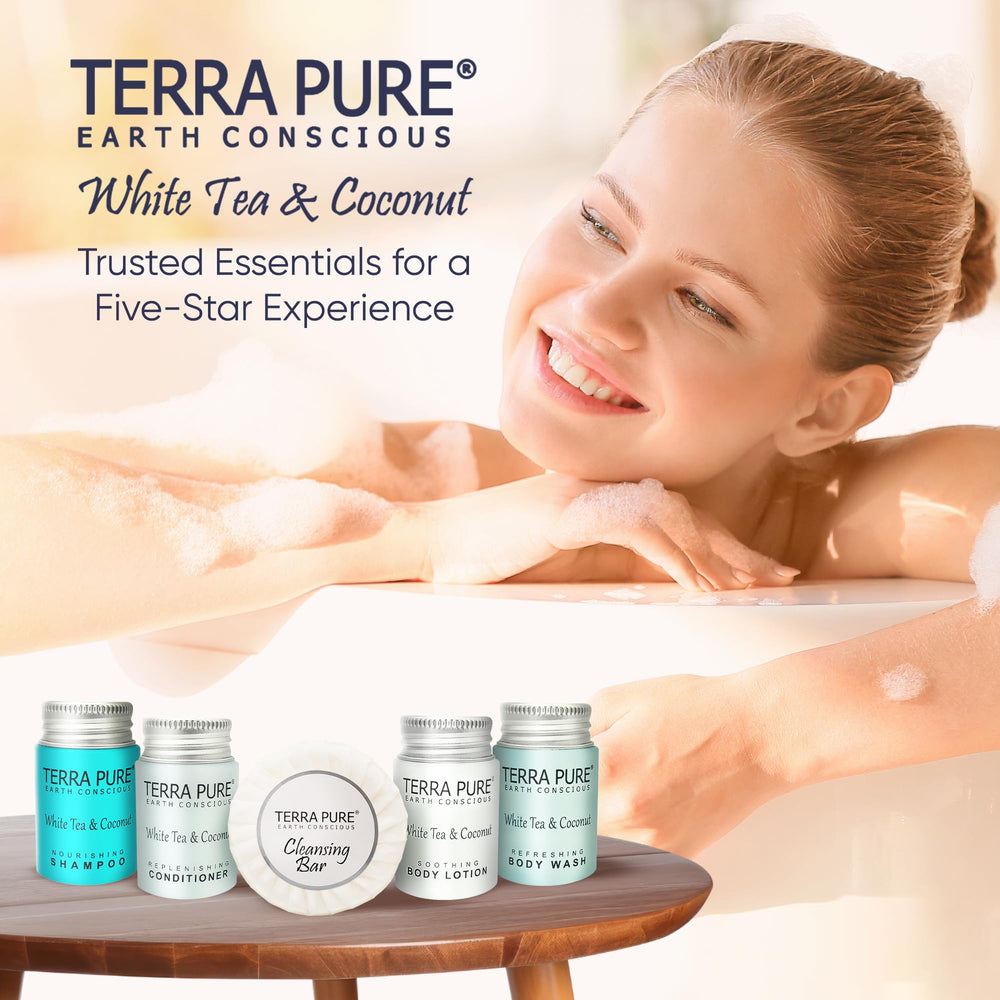 Terra Pure hotel display of white tea and coconut toiletries.