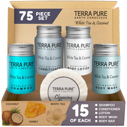 Terra Pure shampoo bottle with white tea and coconut scent for hotel guests.