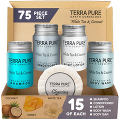 Terra Pure shampoo bottle with white tea and coconut scent for hotel guests.