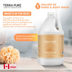 Terra Pure Wild Citrus gallon wash beside guest bathroom sink for daily use.