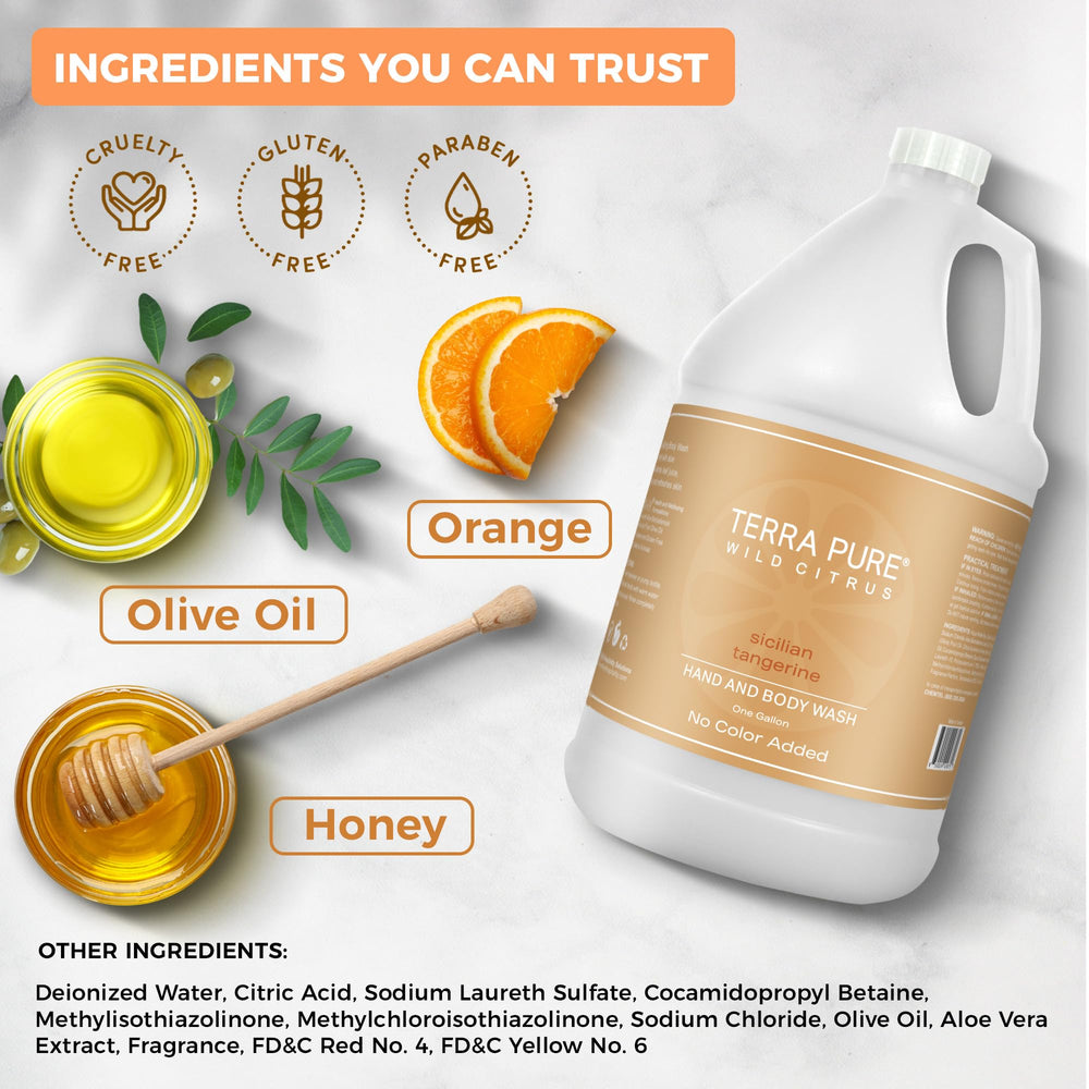 Terra Pure Wild Citrus gallon wash label close-up shows color-free formula.