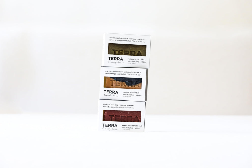 Terrabeautybars Marble Beauty Bar closeup, clay and charcoal for detoxifying daily cleansing.