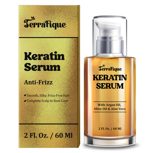 TERRAFIQUE Keratin Serum bottle shown for smooth frizz control and easy styling.