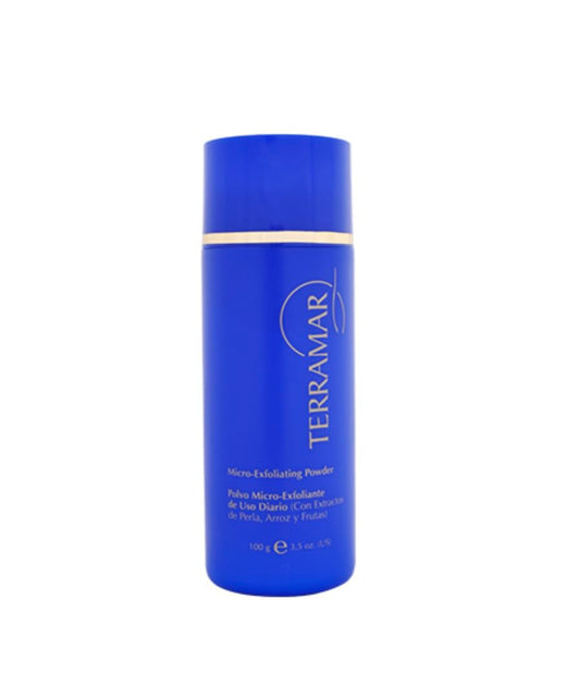 Terramar micro-exfoliating powder bottle closeup for daily gentle exfoliation.