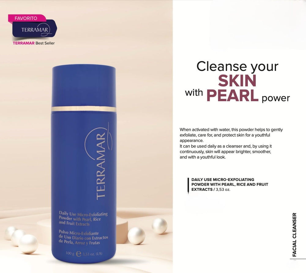 Terramar micro-exfoliating powder powder-dispense closeup highlights smooth texture and pores.