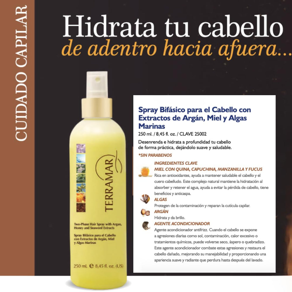 Terramar two-phase hair spray delivers soft, shiny hair after use.