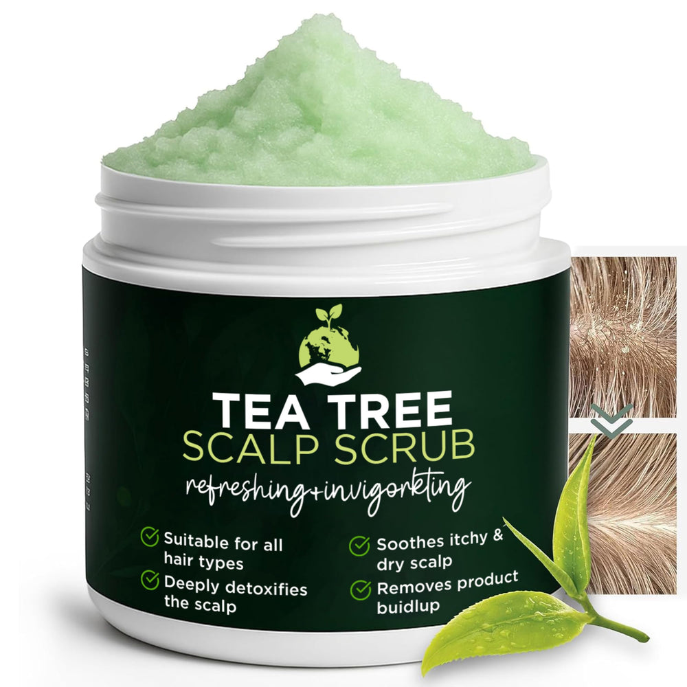 Terramed Tea Tree Scalp Scrub jar delivers gentle exfoliation for a healthy-feeling scalp.