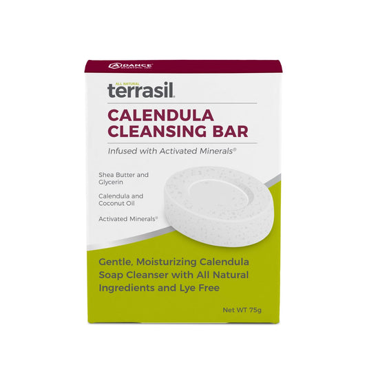 Terrasil Calendula Soap Bar packaging highlights a gentle, skin-friendly solution.