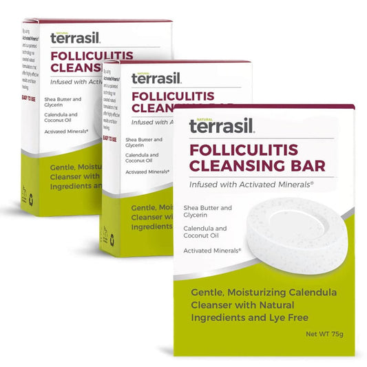 Terrasil Folliculitis Soap bar close-up shows gentle cleansing for irritated follicles