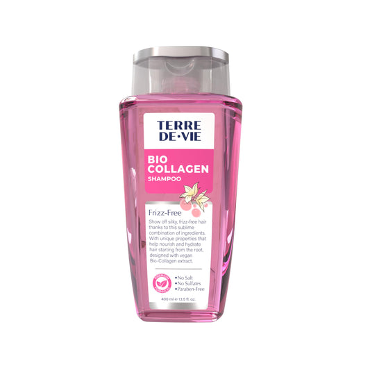 Terre De Vie bio collagen shampoo bottle highlighting plant-based formula for frizz control