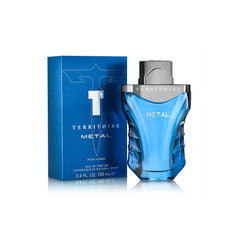 Territoire Metal bottle front view, signaling a bold masculine fragrance for special occasions.