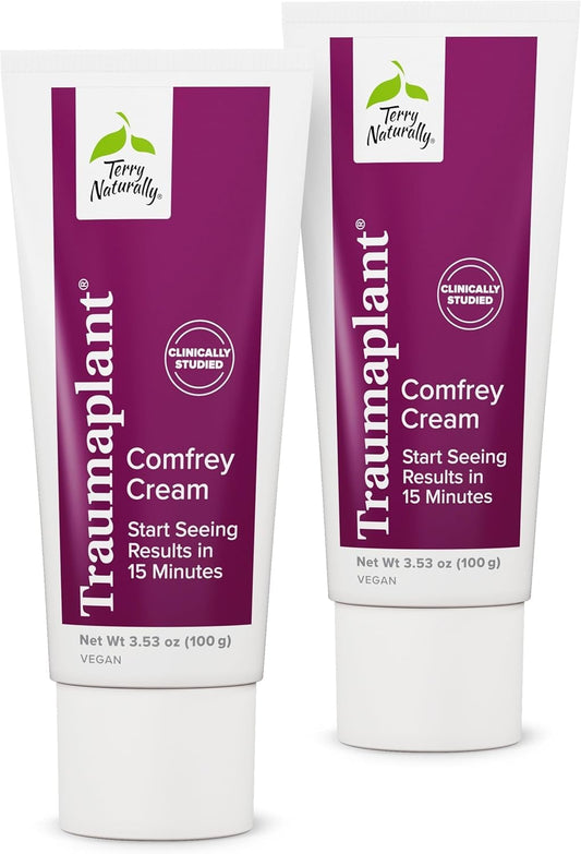 Terry Naturally Traumaplant Comfrey Cream jar close-up shows smooth non-staining formula