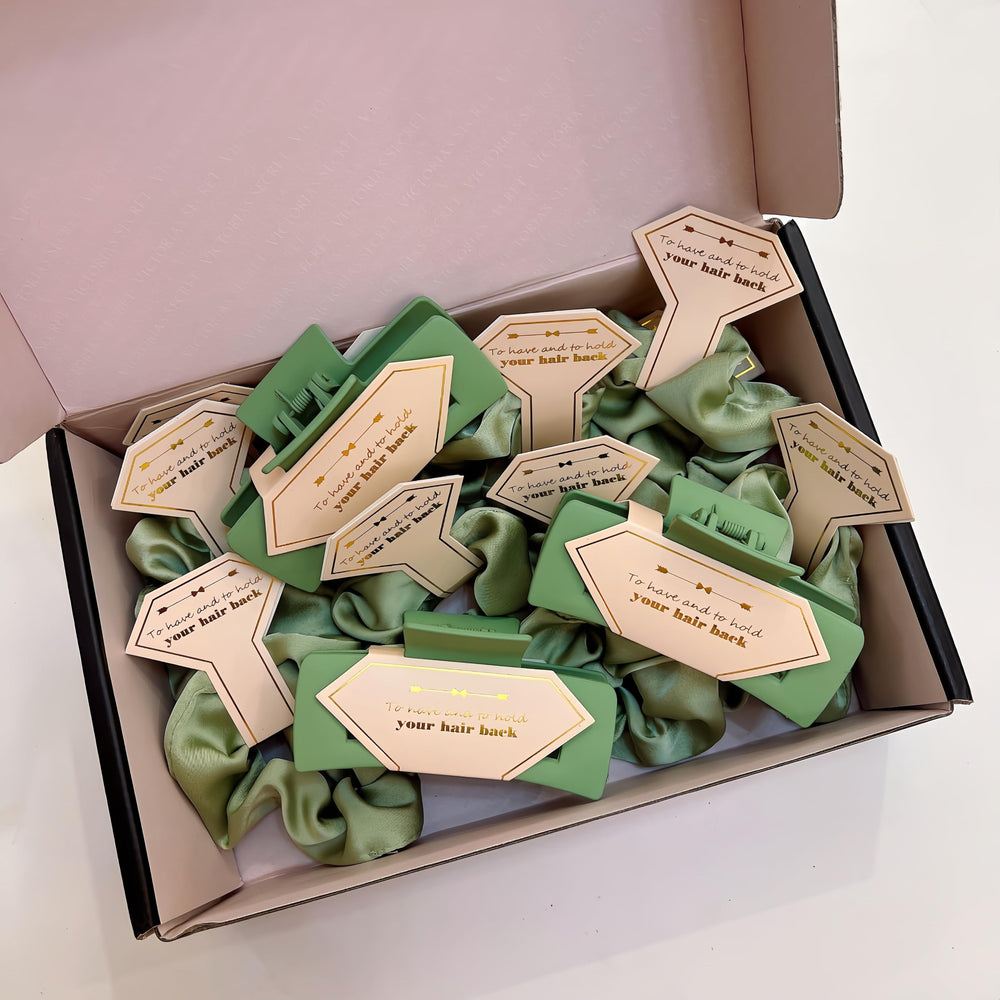 Tethzeng sage-green accessories add vibrant flair to bridesmaid gifts and bachelorette favors.