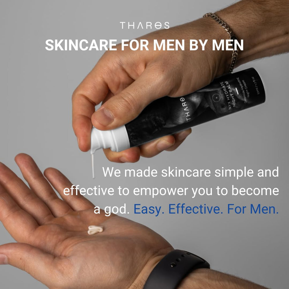 Compact 0.5 fl oz THAROS eye cream ideal for travel.