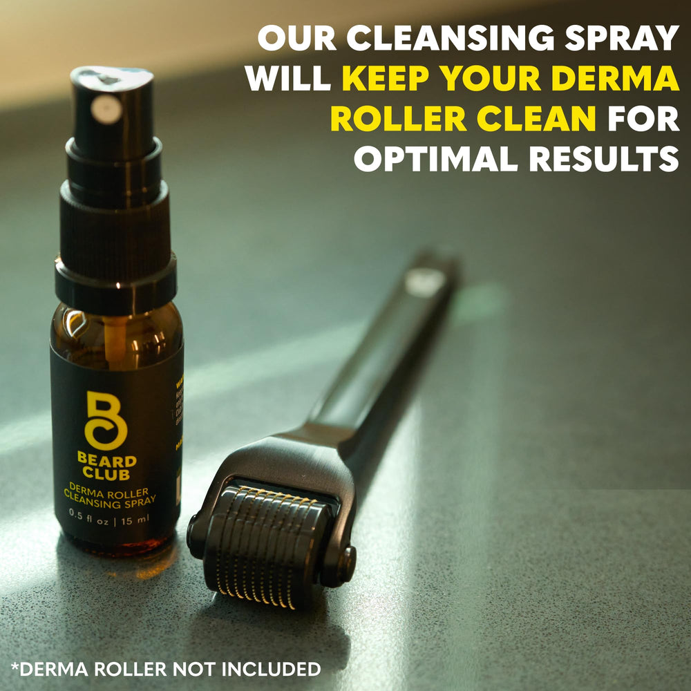 Close-up of derma roller cleaning action with The Beard Club spray.