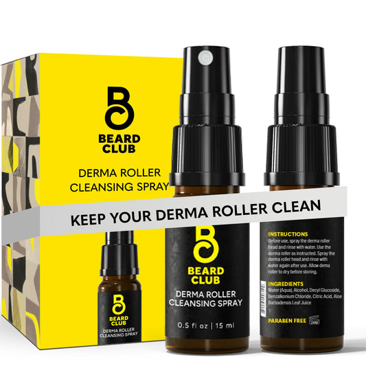 The Beard Club derma roller cleansing spray bottle shown for thorough head cleaning.