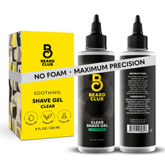 The Beard Club Premium Shaving Gel bottle pour shows clear gel for precise lines.