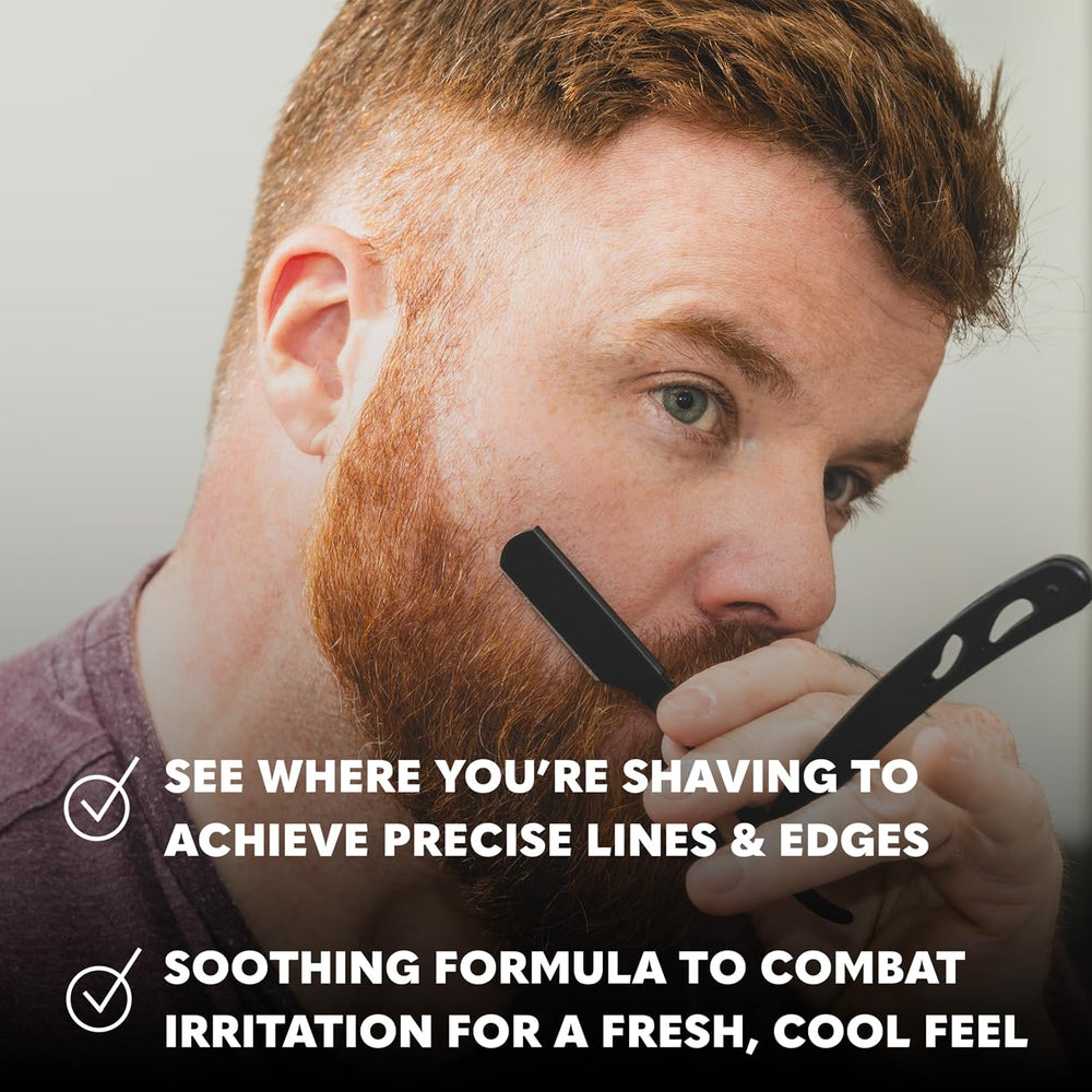 The Beard Club Premium Shaving Gel clear application demonstrates see-through prep for sharp beard edges.