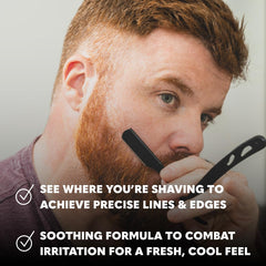 The Beard Club Premium Shaving Gel clear application demonstrates see-through prep for sharp beard edges.