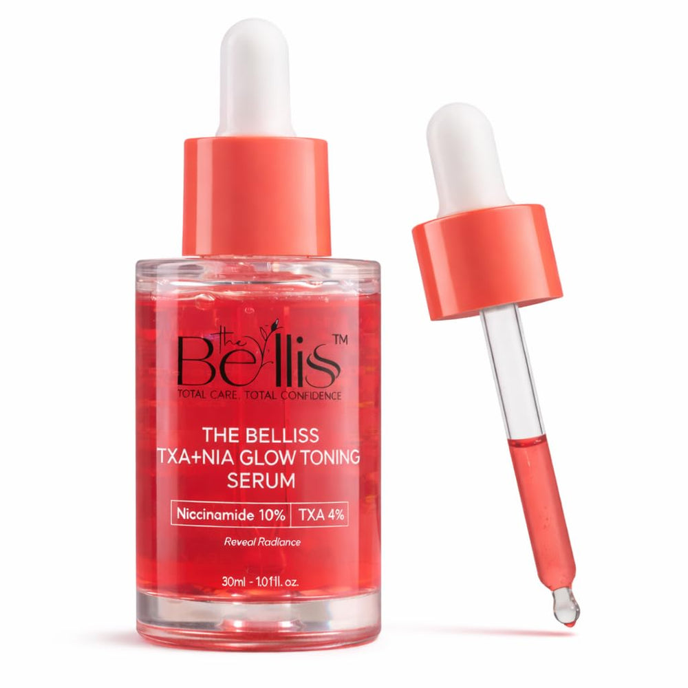 The Belliss Niacinamide 10% Tranexamic Serum bottle showing fragrance-free formula for even skin tone.