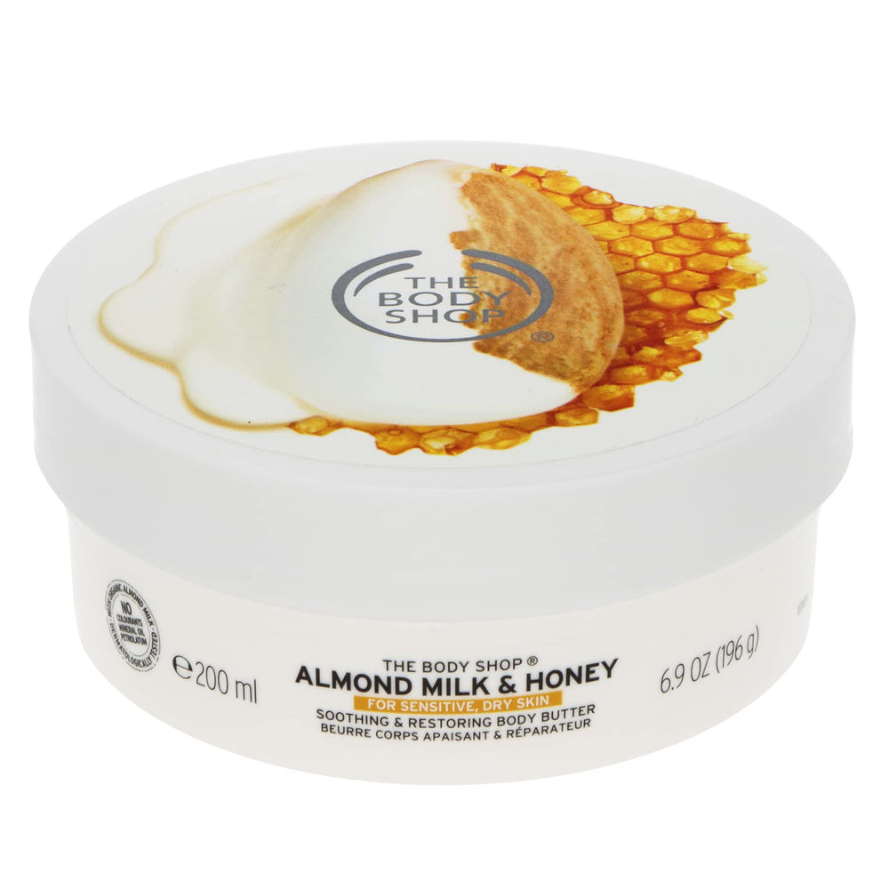 The Body Shop Almond Milk & Honey body butter jar shown for soothing moisture on sensitive skin