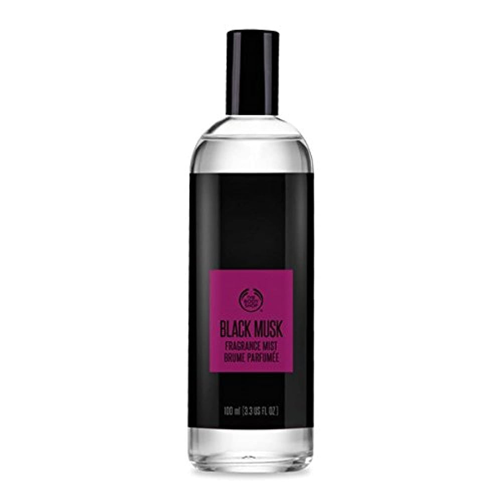 The Body Shop Black Musk fragrance mist bottle close-up for a long-lasting evening scent.