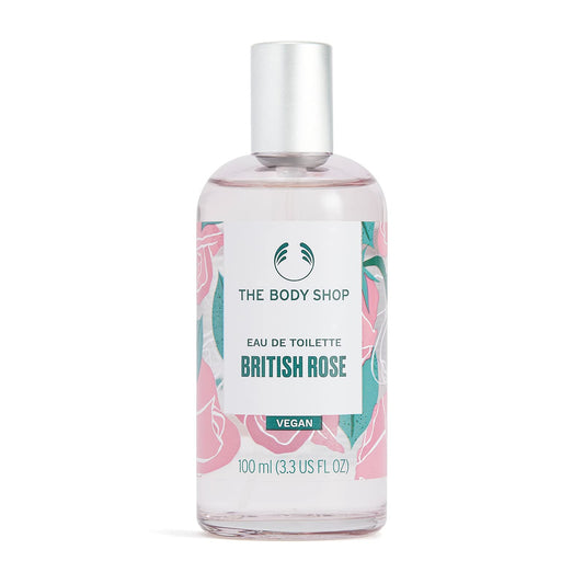 The Body Shop British Rose EDT bottle front view, fresh floral fragrance for daily refreshment.