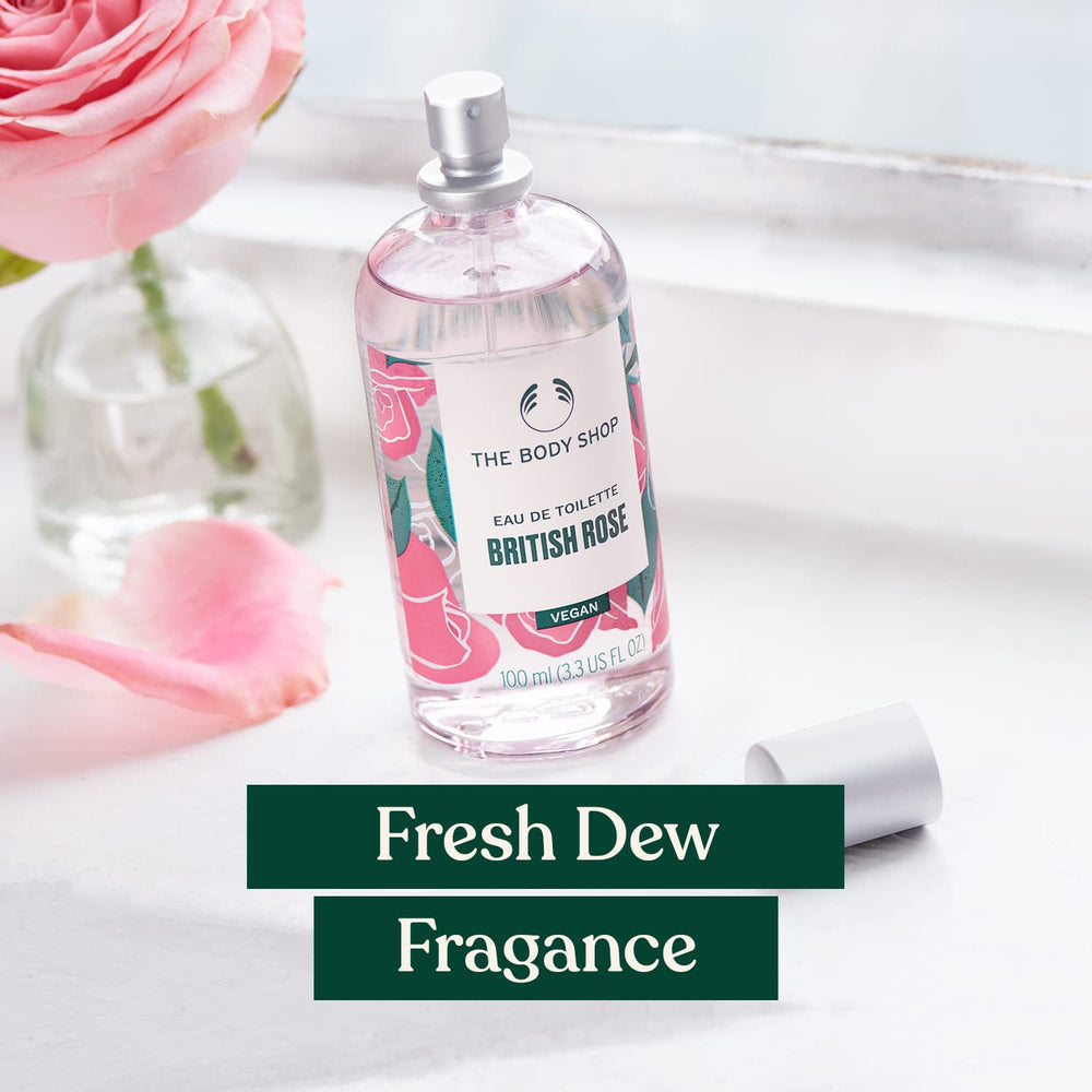 The Body Shop British Rose EDT mist being sprayed, a light summer scent.