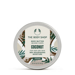 The Body Shop Coconut Body Butter jar close-up shows rich hydration for the skin.