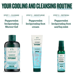 The Body Shop Peppermint Invigorating Foot Scrub 3.3 oz container on a shelf.