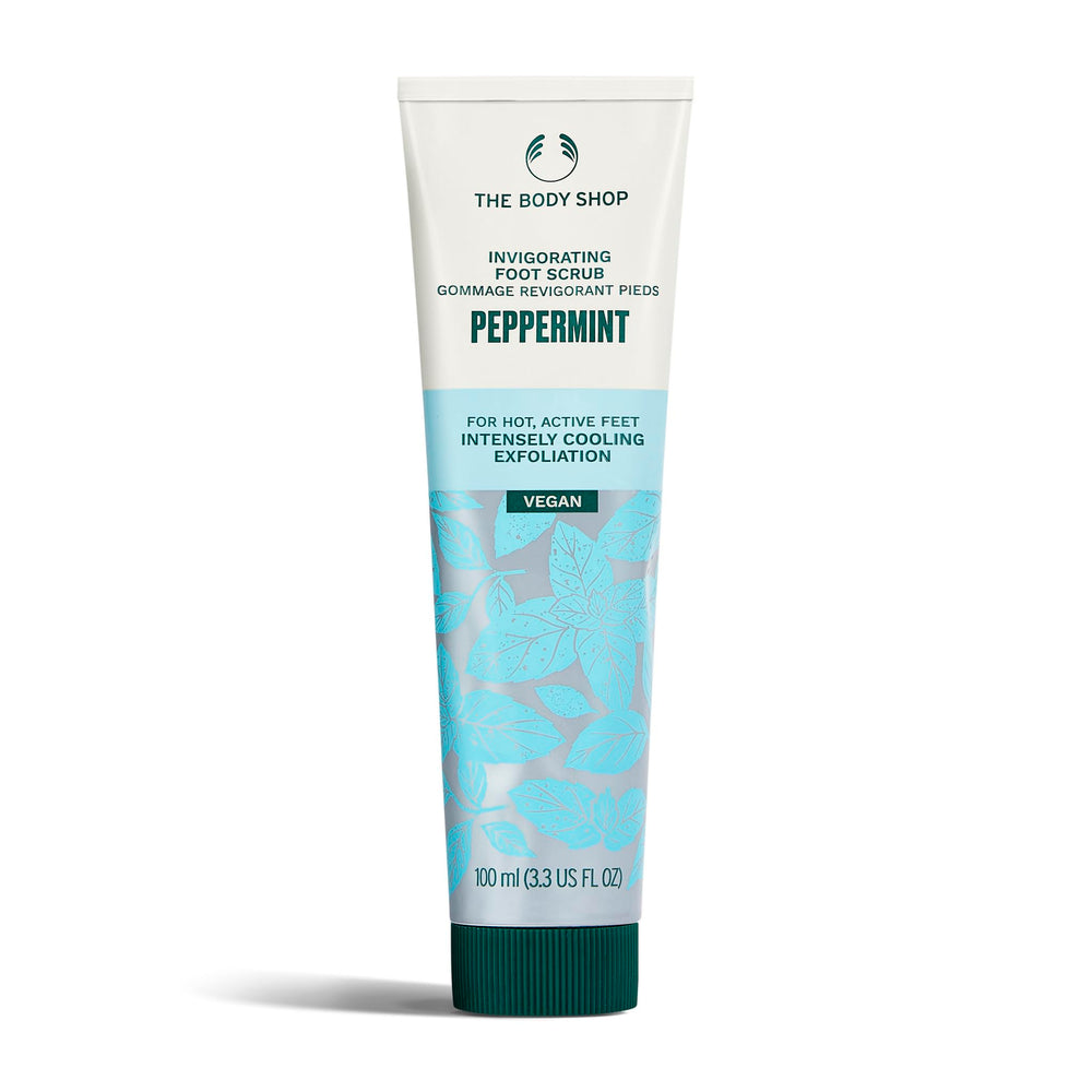 The Body Shop Peppermint Invigorating Foot Scrub bottle promotes a refreshing routine.