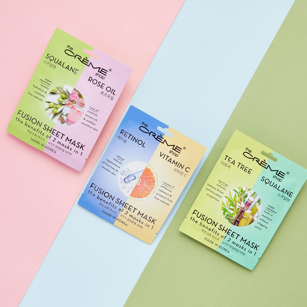 The Crème Shop Retinol and Vitamin C Fusion Sheet Mask application scene for quick at-home pampering.