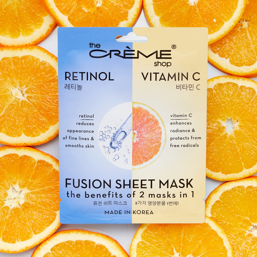The Crème Shop Retinol and Vitamin C Fusion Sheet Mask texture close-up showing serum-rich hydration.