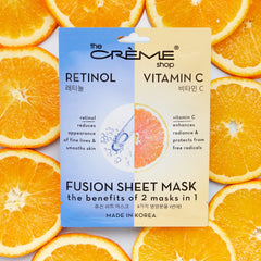 The Crème Shop Retinol and Vitamin C Fusion Sheet Mask texture close-up showing serum-rich hydration.
