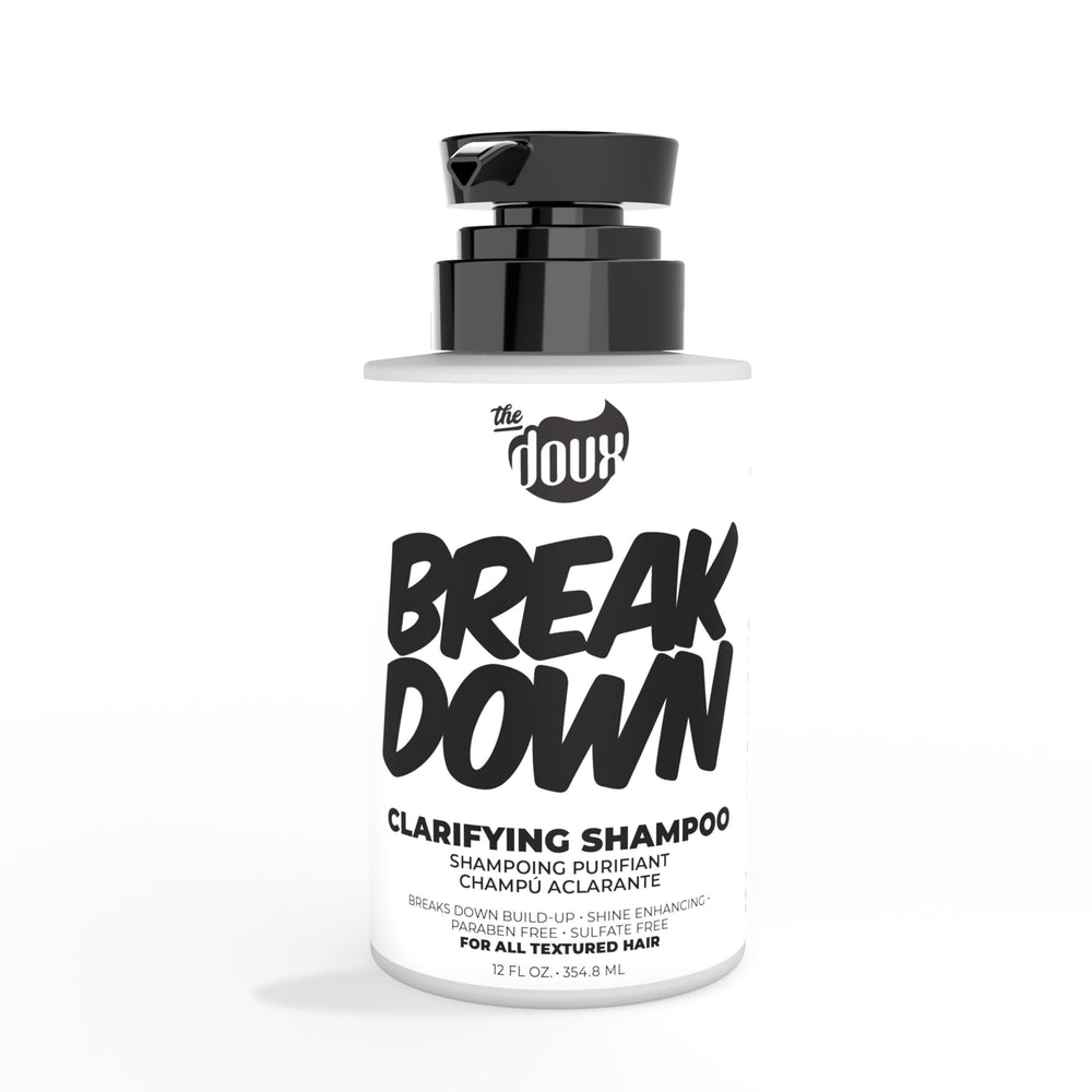 The Doux BREAKDOWN bottle pour shows a detox cleanse for curls.