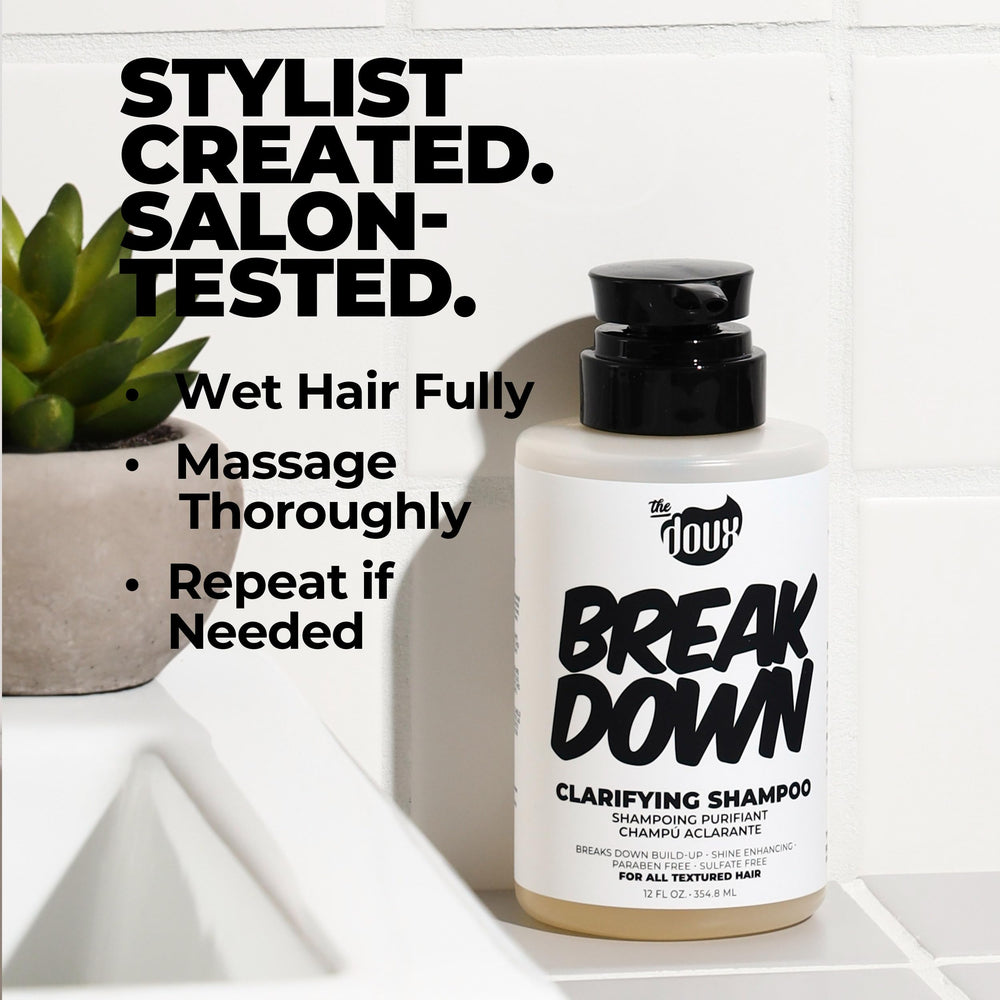 The Doux BREAKDOWN clarifying action sweeps away mineral buildup from scalp.
