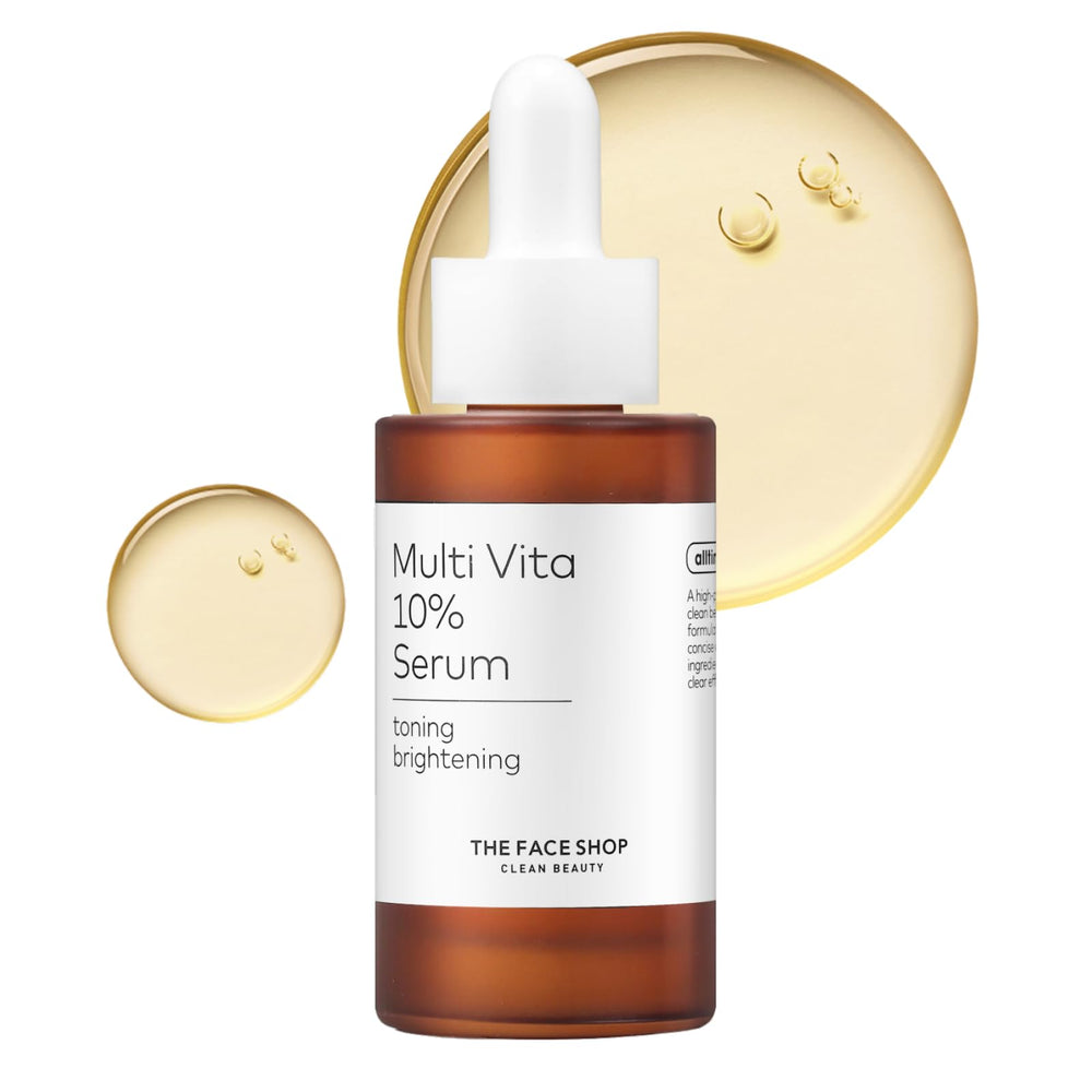 The Face Shop Alltimate Multivita 10% Serum bottle close-up shows premium packaging and brightening potential