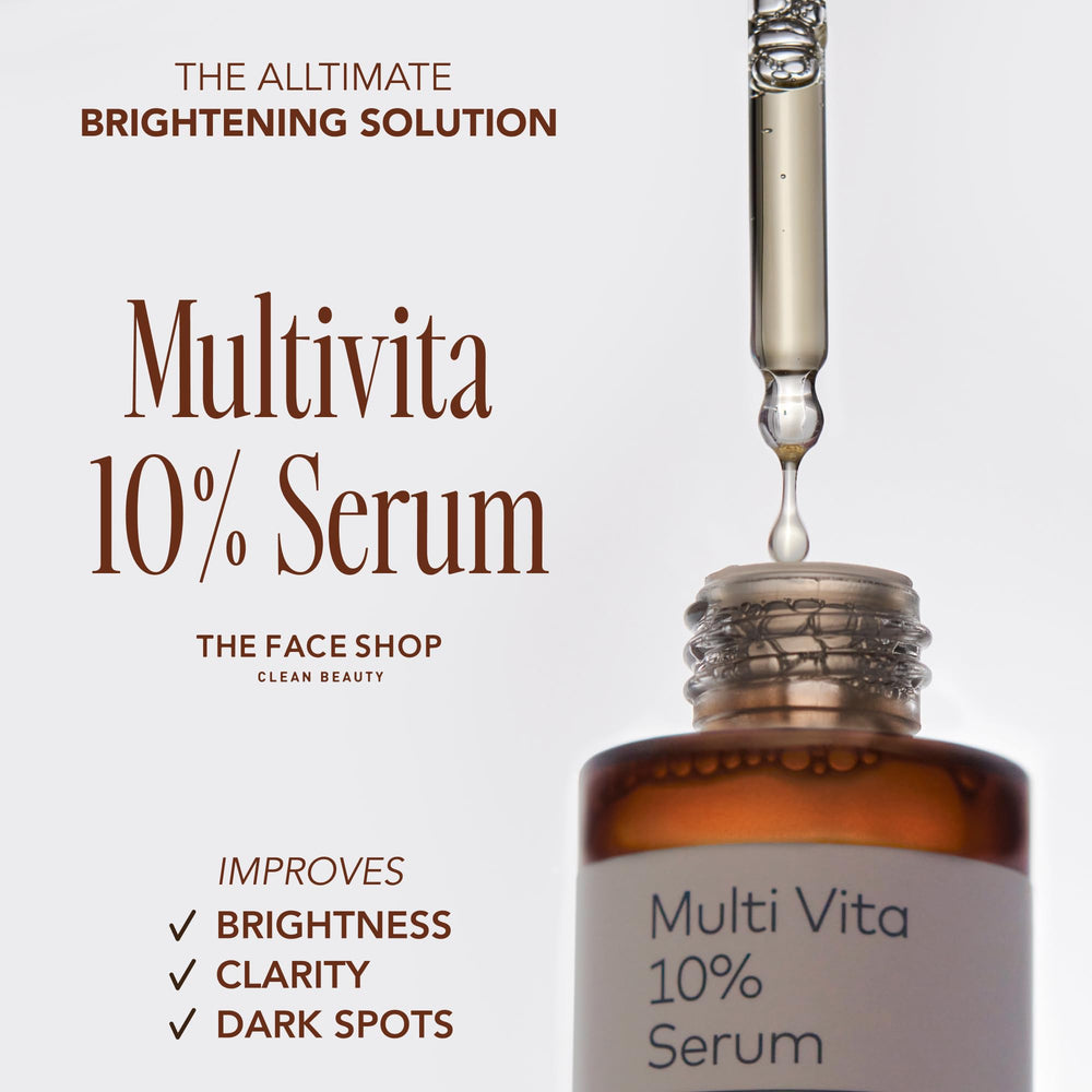 The Face Shop Alltimate Multivita 10% Serum label and packaging highlighting vegan formula benefits