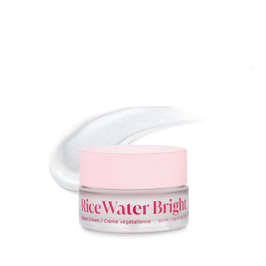 The Face Shop Rice Water Bright vegan cream jar close-up showing silky texture and brightness