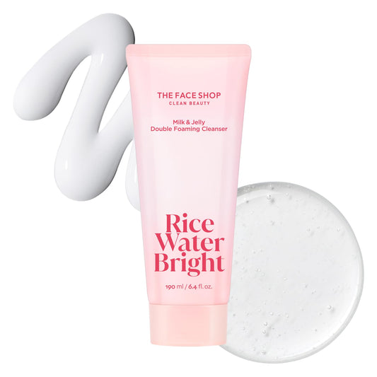 The Face Shop Rice Water Bright Milk & Jelly Double Cleanser tube front for quick dual-cleanse makeup removal.