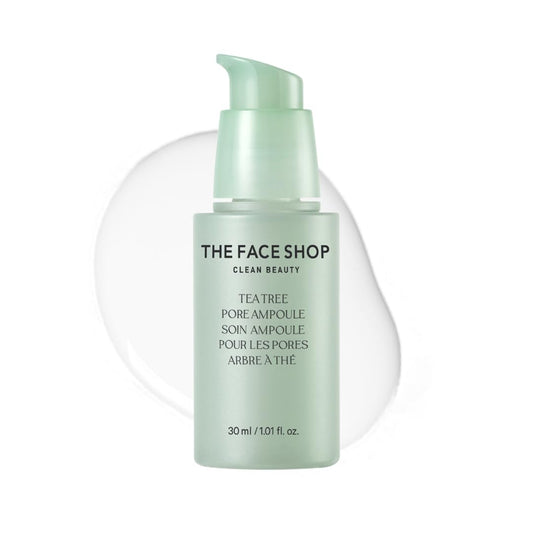 The Face Shop Tea Tree Pore Ampoule bottle showing soothing, pore-minimizing hydration.