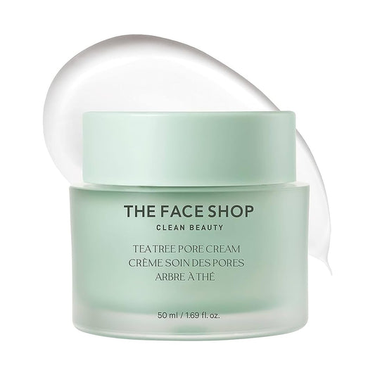 The Face Shop Tea Tree Pore Cream jar closeup, soothing formula for irritated skin.