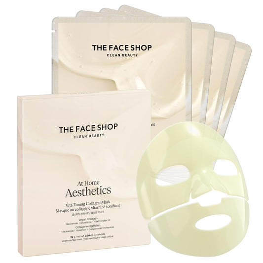 The Face Shop Vita-Toning vegan collagen mask hydrogel sheet ready for application, boosting hydration.