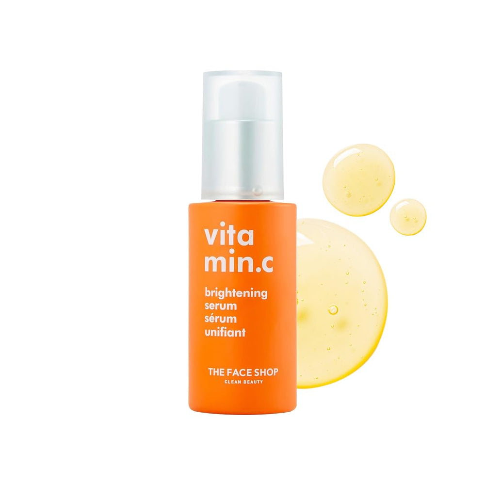 The Face Shop Vitamin C Serum bottle close-up for brightening routine.
