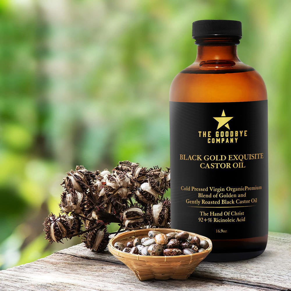 Packaging of The Goodbye Company castor oil highlights premium cold-pressed oil