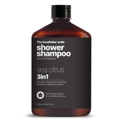 The Goodfellas' Smile Sea Citrus Shower Shampoo bottle highlighting sea breeze fragrance for hair and skin cleansing.