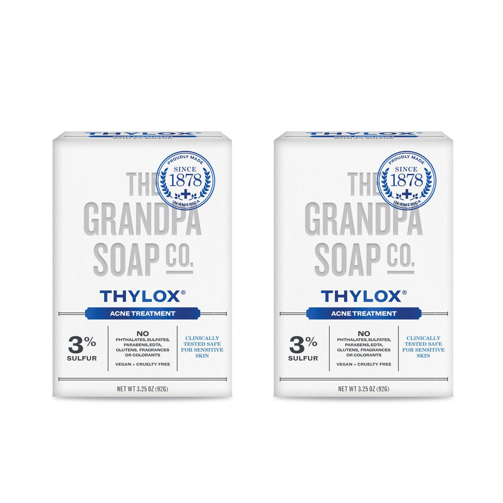 The Grandpa Soap Co Thylox bottle pour illustrates sulfur-based cleansing for clear pores.