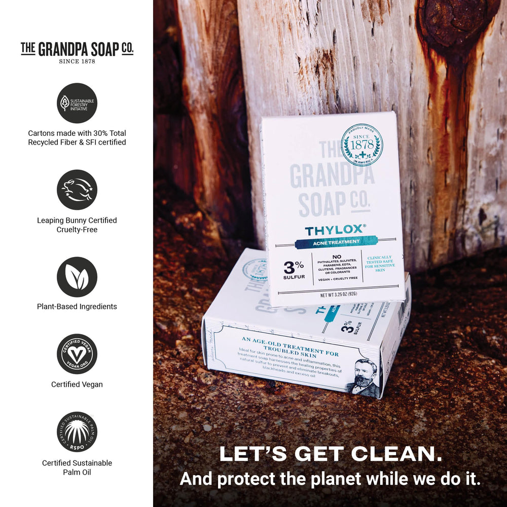 The Grandpa Soap Co Thylox vegan cruelty-free stamp signals ethical skincare.