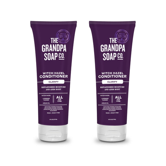 The Grandpa Soap Company clarifying witch hazel conditioner lavender bottle, highlighting aroma and buildup protection