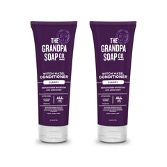 The Grandpa Soap Company clarifying witch hazel conditioner lavender bottle, highlighting aroma and buildup protection